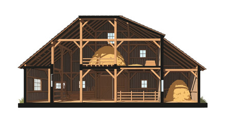 Wooden barn cross section showing interior hay storage © andi