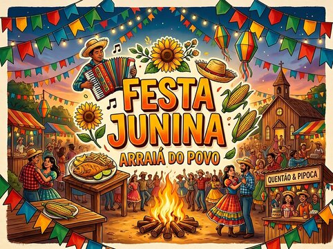 Colorful festa junina celebration with traditional dances food and music in a vibrant village festival scene