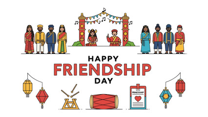 Fototapeta premium Global Friendship Celebration: A vibrant illustration depicts people from diverse cultures celebrating Friendship Day, featuring traditional attire, lanterns.
