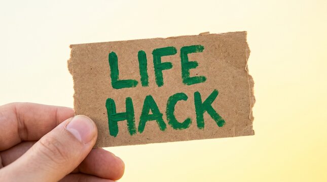 Hand Holding Life Hack Handwritten Kraft Paper Sign Blur	