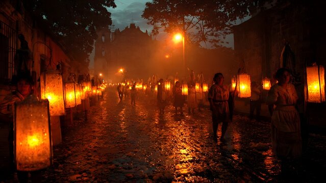 People carrying glowing paper lanterns during a traditional night parade