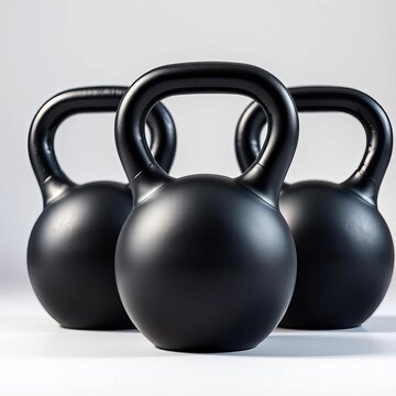 Three black kettlebells aligned on a white surface, ||white background, exercise props