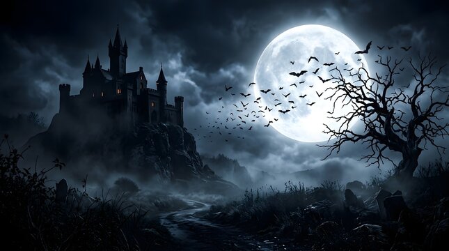 Dark gothic castle on a cliff under a giant full moon with a swarm of bats