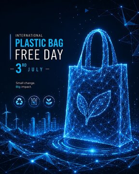 Digital environmental concept poster for plastic bag free day with low poly shopping bag and wind turbines. futuristic low poly international. plastic bag free day