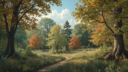 Fototapeta premium Colorful Autumn Forest Path Scene with Tall Trees Bright Leaves Under Blue Sky