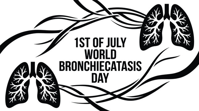 Black and white stencil for bronchiectasis day on july 1st featuring anatomical lung silhouettes and flowing bronchial tube lines on a plain white background
