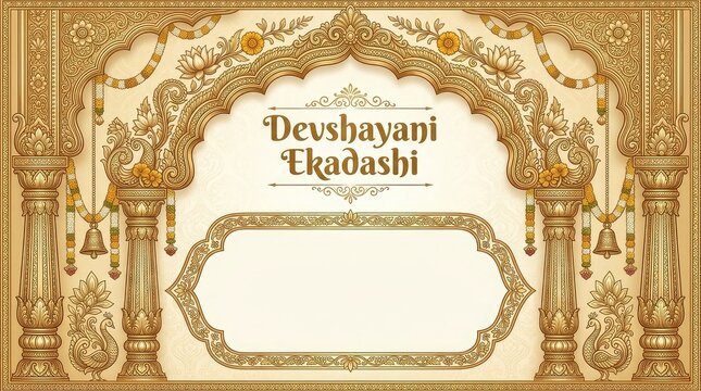 Devshayani ekadashi traditional festival celebration banner template with golden ornate arch and decorative pillars graphic illustration