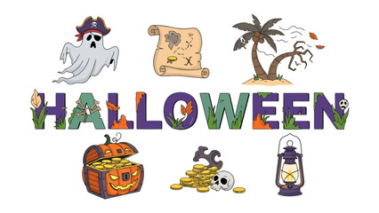Obraz premium Halloween Elements Collage: A vibrant collage of festive Halloween symbols including a pirate ghost, treasure map, tropical island, pumpkin treasure chest, scattered coins and skull, and a lantern.