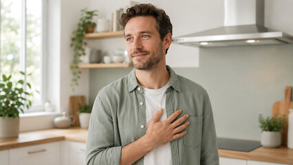 Fototapeta premium Relieved Man Holding Hand on Chest in Bright Kitchen