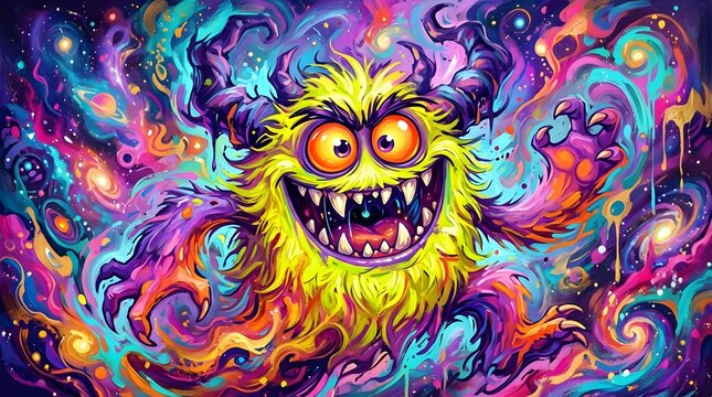 Colorful psychedelic monster character in cosmic space background