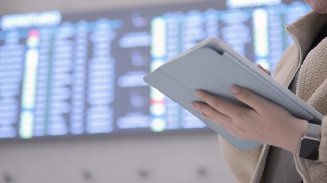 Person holds tablet near airport departure board. Focused traveler checks schedule on device. Background shows digital flight information display. Hands visible, wearing casual coat and smartwatch