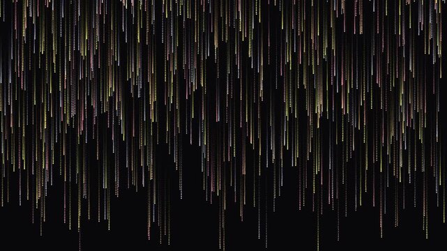 Digital rain motion background with falling colorful particles creating a dynamic data stream effect, perfect for technology, coding, and abstract digital themes.