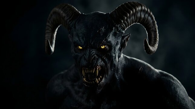 Frightening demonic creature with horns and glowing eyes