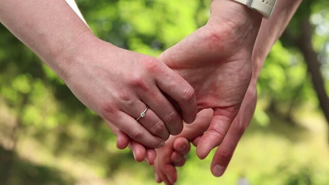 Close-up of two women's hands holding each other. Two women holding hands against a background of nature. A symbol of trust, tenderness and LGBT relationships. Concept of love and equality
