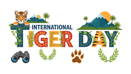 Fototapeta premium International Tiger Day Celebration: A vibrant graphic celebrating International Tiger Day, featuring a playful tiger cub, majestic mountains, lush greenery.