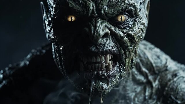 Fierce Monster Creature With Textured Slime Skin And Glowing Yellow Eyes Snarling Angrily For Halloween Horror Thriller And Fantasy Movie Villain Concept