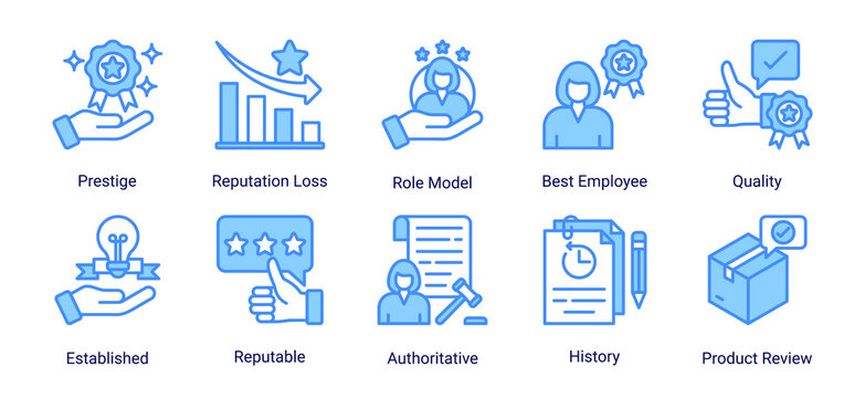 Reputation management icon set featuring prestige,quality,reviews,recognition and authority concepts for brand and professional trust.