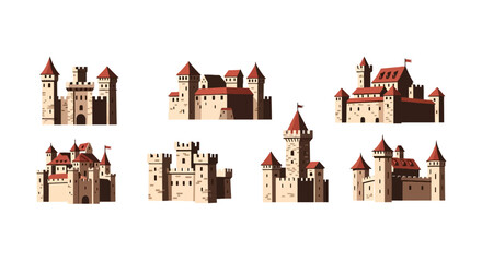 Medieval castle architectural set with towers and stone walls © udin