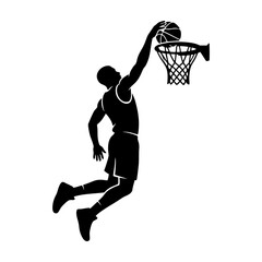 Basketball player silhouette icon executing a powerful slam dunk, extended arm reaching hoop, monocolor vector artwork, bold clean contours, minimalist sports icon © Faridzdesign