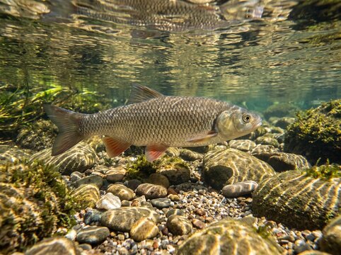Freshwater Fish Swimming Over a Rocky Riverbed Underwater