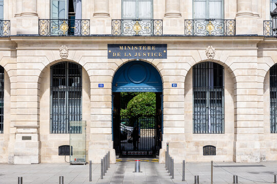 Paris, France - June 17, 2026: Entrance of the Ministry of Justice, aka the Chancellery, housed in the H&ocirc;tel de Bourvallais, at 13 Vend&ocirc;me square, built by french architect Robert de Cotte in 1704.