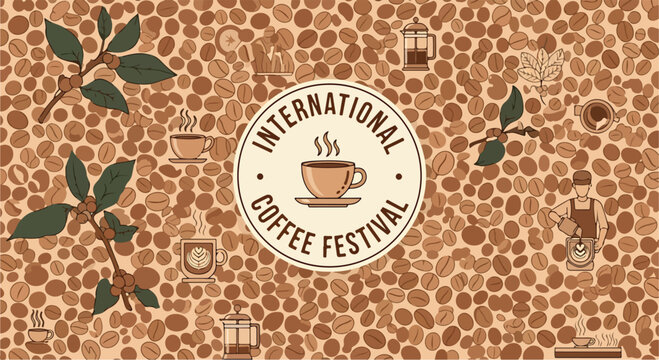 International Coffee Festival poster with coffee beans and cups