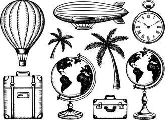 Vintage travel hot air balloon, blimp, globes, suitcases, palm trees, pocket watch © HasnaHena55