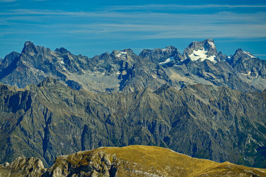 View of Ecrins mountain range from Pic de Bure in Provence, France