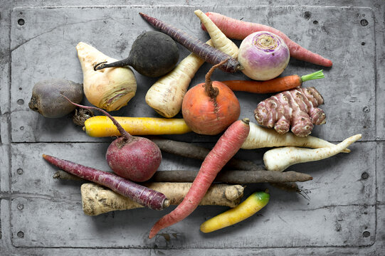 Raw vegetables lying on gray wooden surface