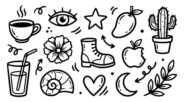 Hand drawn doodle vector party set featuring casual lifestyle elements coffee mug star heart cactus flower and fashion boot sticker icons