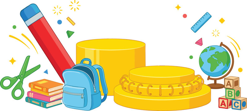 Back to school product podium display background template with stationary backpack globe illustration design vector element