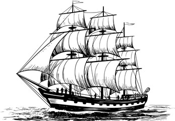 Vintage sailing ship with full sails on a wavy sea, black and white © HasnaHena55