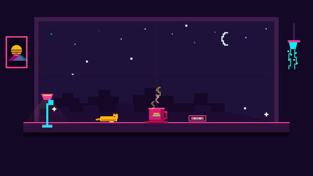 Pixel art animation of a cat resting by a window at night