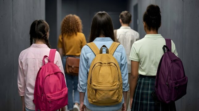 Diverse group of young students with colorful backpacks walking down a school hallway from a rear perspective, symbolizing education