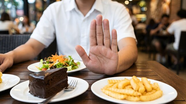 Person's hand rejects sugary cake and fried snacks, choosing a healthy salad in a restaurant, promoting wellness and diet control.