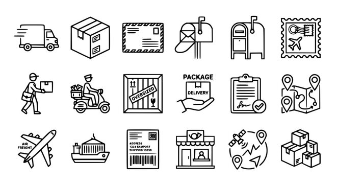 Logistics and postal delivery service line icon set featuring linear symbols for shipping transportation package tracking and global commerce logistics