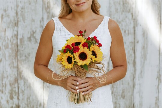 Bride holds a rustic sunflower and rose bouquet