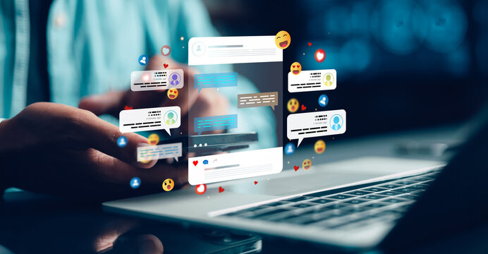 Social media engagement concept with chat notifications, emoji reactions and online communication on laptop for digital marketing strategy.