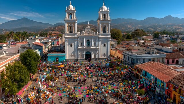 People gathering at the Saint Peter church plaza during a colorful local celebration
