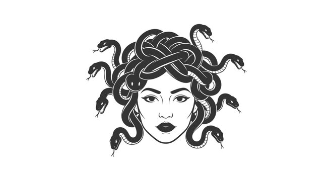 Black and white illustration of a woman with snake hair and snakes as hair