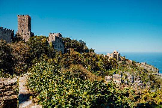 Castello di Venere above the gardens of Erice, Sicily, Italy