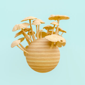 Wooden mushrooms sculpture, 3d rendering