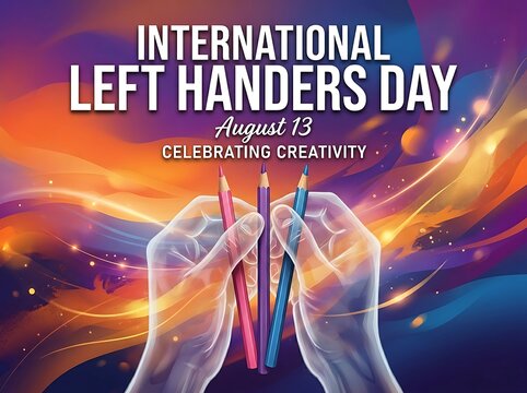 Colorful artistic celebration of international left handers day with pencils and creative hands illustration