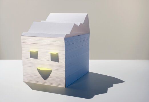 Smiling face of sticky notes in a paper stack with a line chart
