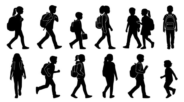 Back to school children silhouette vector collection featuring primary students walking running carrying backpacks isolated on white background