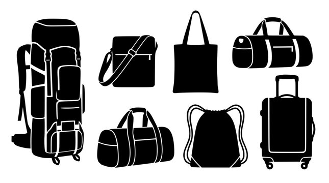 Professional travel luggage and bag vector collection featuring black silhouette icons of hiking rucksacks suitcases duffels and everyday fashion totes