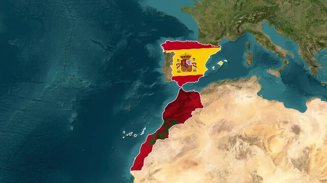Spain and Morocco map animation showing national borders and flags in motion