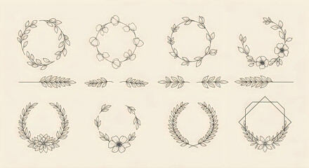 Fototapeta premium Vintage floral wreaths, bohemian borders, 8 illustrations, black line art, beige background floral