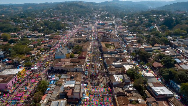 Aerial view of people gathering for the Santa Tecla festival in El Salvador