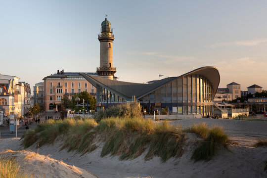 Historic lighthouse and Teepott restaurant in Warnemuende, Mecklenburg-vorpommern, Germany